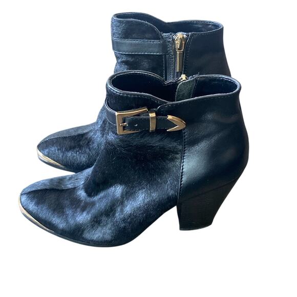 Calf Hair Stacked Heel Booties Black Leather Womens Sz 7 - Picture 1 of 10